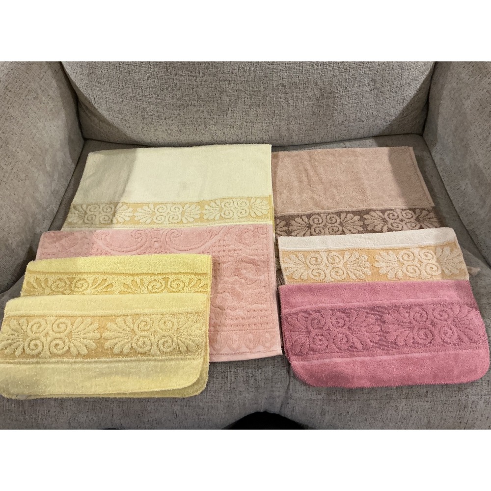 Vintage Cannon Monticello Towel Set Pink Yellow Tan Floral Jacquard Retro 7pc